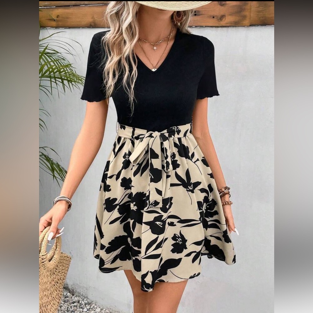 Black and Beige Floral Skater Dress